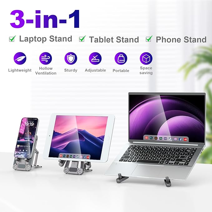 Ergonomic Laptop Stand for Desk, 3-in-1 Adjustable Aerospace Aluminum Riser, Foldable 3-Mode Holder, Sturdy Non-Wobble Ventilated, Fits 10-16" Laptops Tablets Phones, 0.6lb Ultra-Light (Gunmetal Grey)