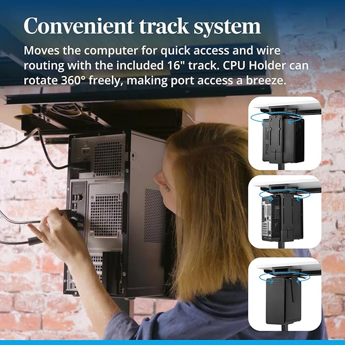 UPLIFTDESK Under Desk PC Mount with Track Spacer ??Adjustable CPU Holder with 16" Slide-Out Track & 360° Swivel, 50 lb Capacity PC Holder, Fits Most Desktop Towers, Standing Desks with Crossbars