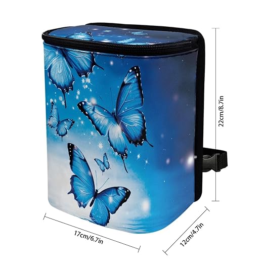 Biyejit Blue Butterfly Car Garbage can with Lid Leak Proof Vehicle Trash Can with Storage Pockets Hanging Waterproof Car Trash Bag for SUV