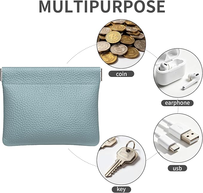 Genuine Leather Squeeze Coin Purse Pouch Change Holder For Men & Women Mini Change Purse Pouch for Pocket, Small Pouch Credit Card Key Headset Lipstick Holder (Blue)