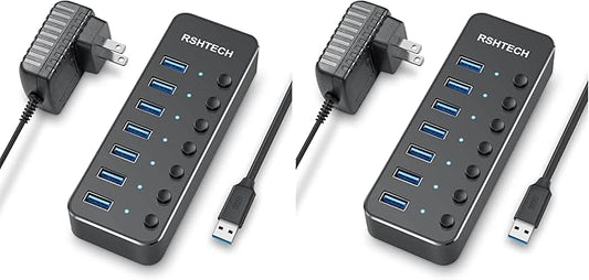 USB 3.0 Hub, RSHTECH 7 Port Powered USB Hub Expander Aluminum USB 3.0 Data Port hub with Universal 5V AC Adapter and Individual On/Off Switches USB Splitter for Laptop and PC(Black) (Pack of 2)
