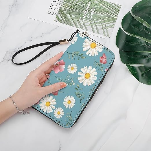 Unisex Zip Around Wallet for Adults Teens White Daisy Pink Flower Blue Background Coin Pouch Cash Pocket PU Leather Wallets Card Holder Organizer Designer Purse with Wristlet Strap