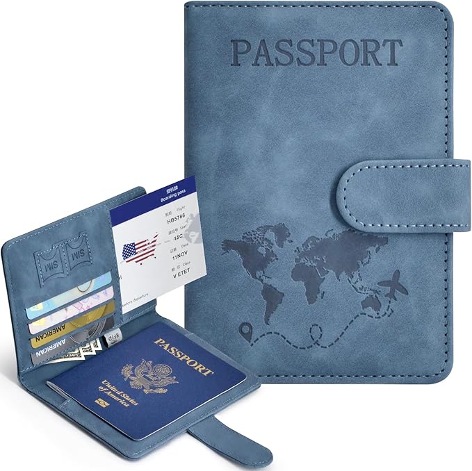 Passport Holder, Passport Cover with Credit Card Slot and Boarding Pass Slot Combo, Passport Wallet Case Book Travel Must Have, RFID Blocking Leather Travel Accessories, Navy Blue