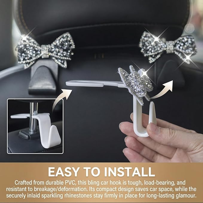 2 PCS Bling Car Seat Headrest Hooks, S-Type Crystal Rhinestone Bow, Universal Seat Back Storage for Purses Bags Groceries, Black Decorative Vehicle Organizer