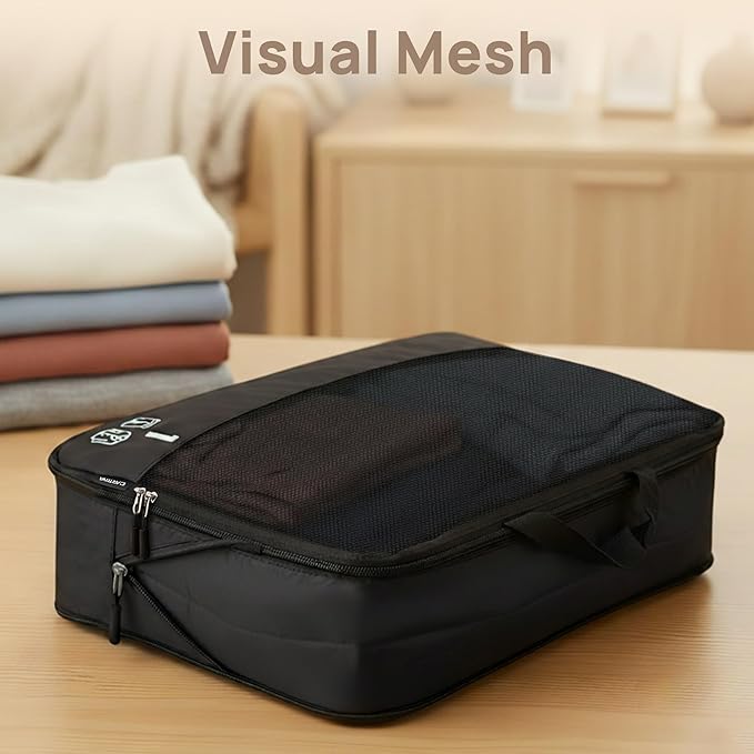 7 Set Compression Packing Cubes Travel Accessories Expandable Packing Organizers (Black)