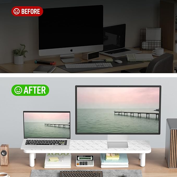 AFOOYO Dual Monitor Stand For Desk,31 Inch Adjustable Wood Computer Riser Desktop Storage Stand For Computer,Laptop,Printer,TV,White Grid