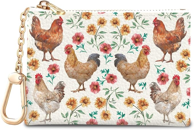 Chicken Rooster Floral Cute Keychain Coin Purse for Women, Small PU Leather Change Pouch, Zipper Little Travel Credit Card Wallet for Girls, Tiny Pocket Holder with Key Ring Ladies Gifts