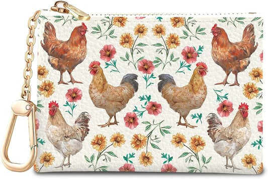 Chicken Rooster Floral Cute Keychain Coin Purse for Women, Small PU Leather Change Pouch, Zipper Little Travel Credit Card Wallet for Girls, Tiny Pocket Holder with Key Ring Ladies Gifts