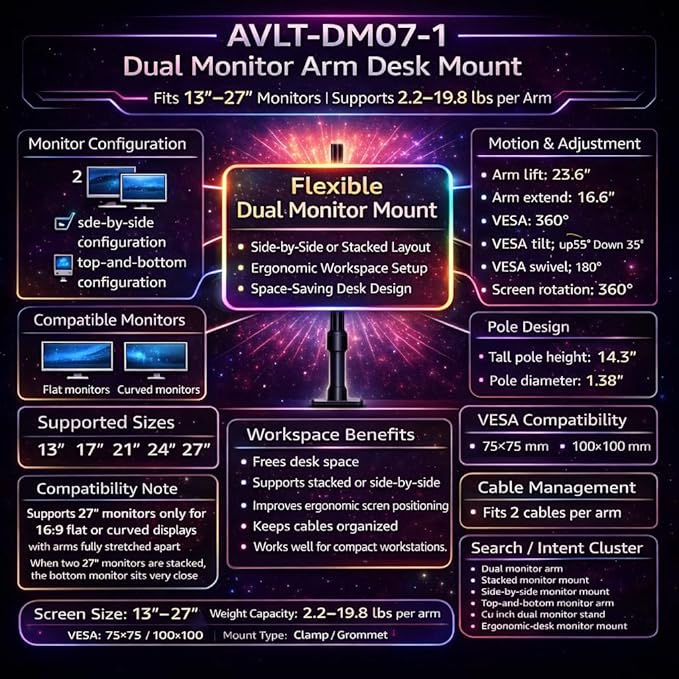 AVLT Dual 13 to 27 in Stacked Monitor Arm Desk Mount, Fits Two Flat or Curved Screens, Full Motion Height Adjustable Swivel Tilt Rotation, VESA C-Clamp Grommet Cable Management