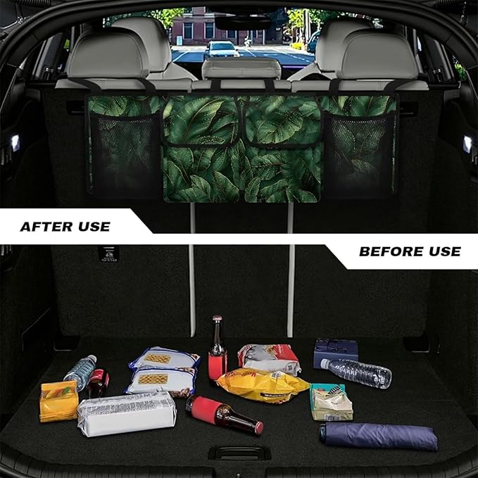 Palm Leaves Design Back Seat Trunk Organizer,Car Trunk Storage Organizer with Lid Keep your Trunk Clean and Tidy 4 Large Pockets Not Easy to Fade Machine Washable
