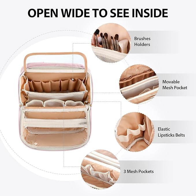Standing Makeup Bag, Large Capacity with Room for Brushes and Mirror, Travel Makeup Organizer, Portable Stand Up Make Up Case, Waterproof Cosmetic Toiletry Bags with Handle, Color Light Pink