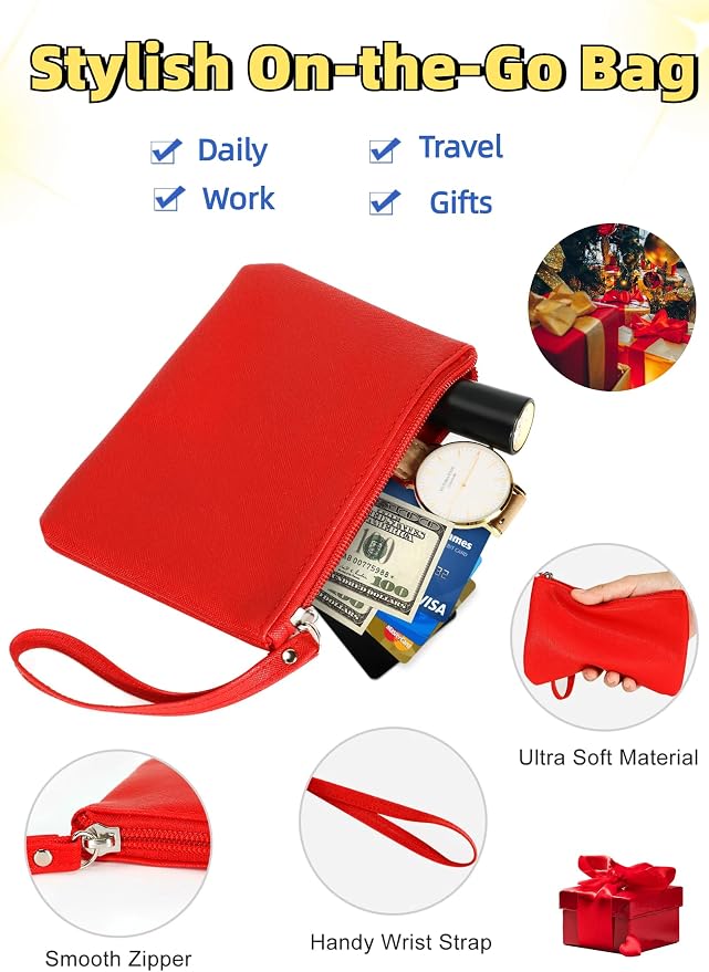 Small Makeup Bag for Purse Mini Cosmetic Pouch Zipper Little Wristlet, Tiny Make Up Organizer Lipstick Feminine Product Car Change Coin Holder for Women, 4.5 x 6.5 Clutch Stadium Approved, 1 Red