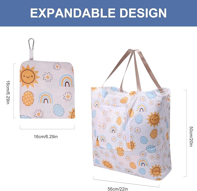 2 Pack Travel Laundry Bag with Handle and Drawstring, Expandable Foldable Dirty Clothes Bags with Hook and Zipper, 23*20 inch, Cartoon 3 White + Blue