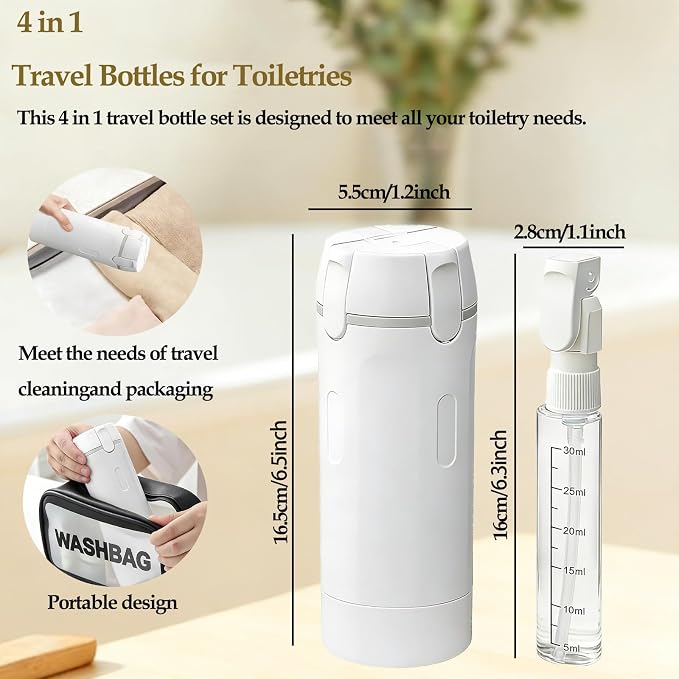 4 in 1 Travel Dispenser Bottle, 4 Pack 30ML Travel Bottles for Toiletries, Leakproof Refillable Pump Containers, TSA Approved Travel Size for Shampoo Lotion Conditioner, Travel Essentials