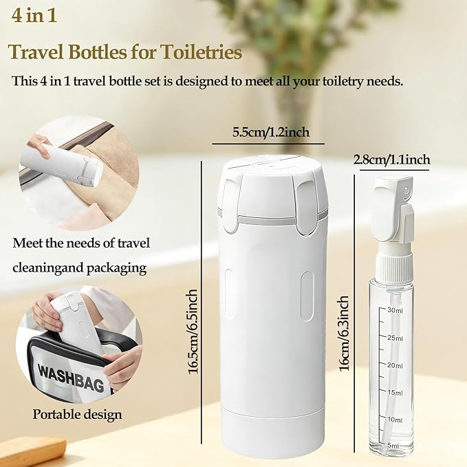 4 in 1 Travel Dispenser Bottle, 4 Pack 30ML Travel Bottles for Toiletries, Leakproof Refillable Pump Containers, TSA Approved Travel Size for Shampoo Lotion Conditioner, Travel Essentials