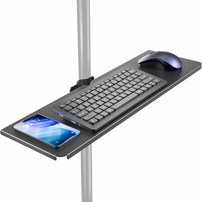 VIVO Universal Steel 24 x 8 inch Shelf Pole Mount for TV Cart, Attaches to 0.5” to 2.4” Poles, Speaker & Microphone Stands, Clamp-on Utility Storage Surface, Black, MOUNT-SF24P