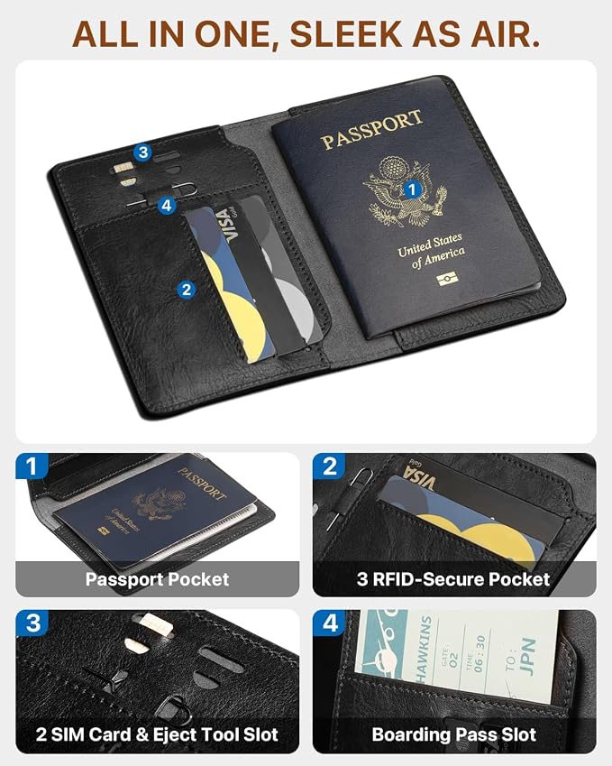 Passport Holder for Travel, Genuine Leather Passport Holder with AirTag Slot, RFID Passport Cover for Airport Essentials, Travel Wallet, Travel Must Haves Gifts