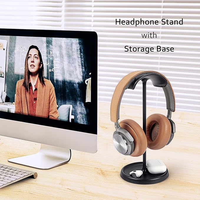 Headphone Stand, Curved Headset Stand with Storage Tray, Heavy Base Gaming Headset Holder for AirPods Max, AirPods Pro, Beats, Bose, Sony and More (Black)