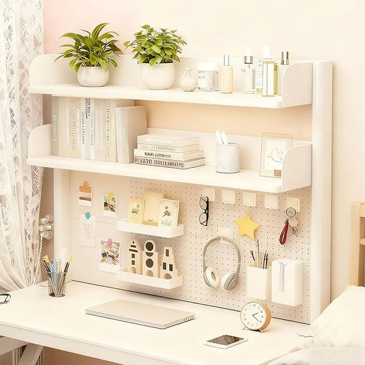 Clamp On Desk Shelf Organizer with Pegboard Desk Hutch Dorm with Storage Bookshelf Desk Top Organizer Shelf Multi-Purpose White & Black Desktop Shelves & Office Shelves (White, W - 31.5")