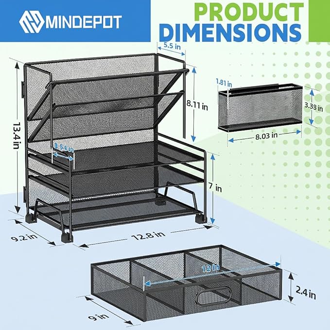 MINDEPOT 4-Tier Paper Organizer + 3-Pocket File Holder, Desktop File Organizers Paper Tray for Office School Classroom Workspace Organization (Black Desk Organizer)