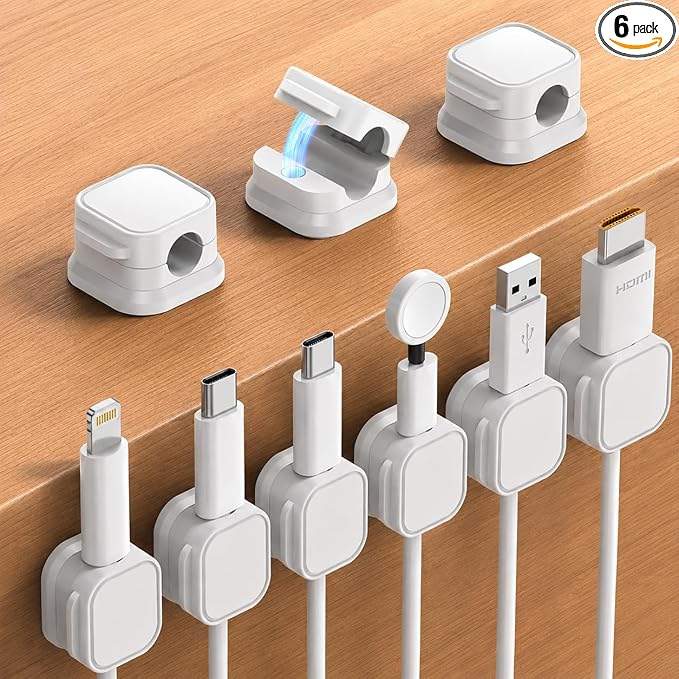6 Pack Cable Organizer Clips, Adhesive Cord Holder for Desk, Office, Car & Nightstand, Spring Lock Cable Management with Strong Acrylic Adhesive, White