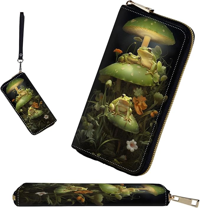 RFID-Blocking Zip Around Wallets for Women with Detachable Wrist Strap,Large Capacity Phone Holder with Card Organizer & Coin Pocket,Cute Frog Mushroom