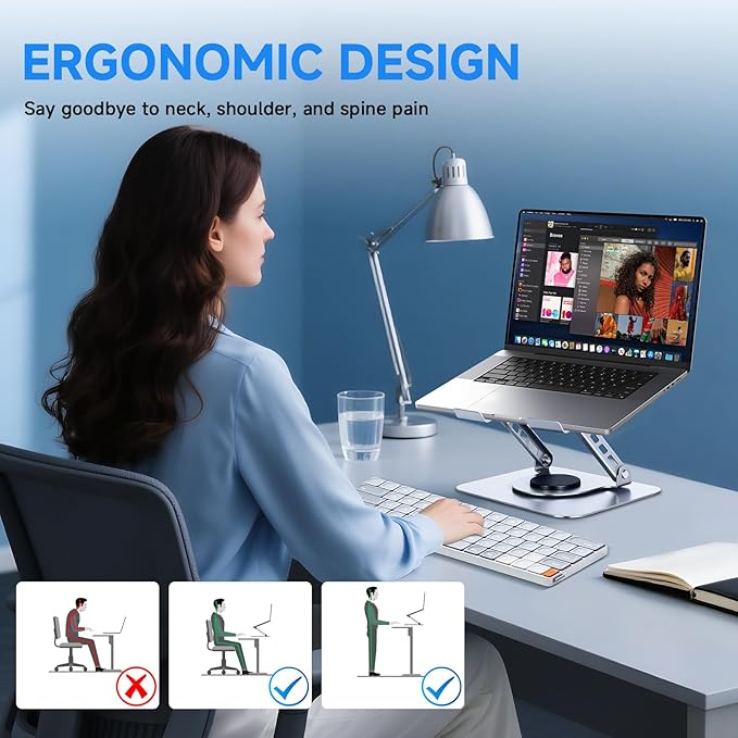 Leeboom Ergonomic Laptop Stand for Desk, 360° Rotating Aluminum Laptop Riser, Adjustable Notebook Holder for MacBook Air/Pro, Dell, HP, Lenovo (10–15.6", Silver) – Not for Gaming Laptops