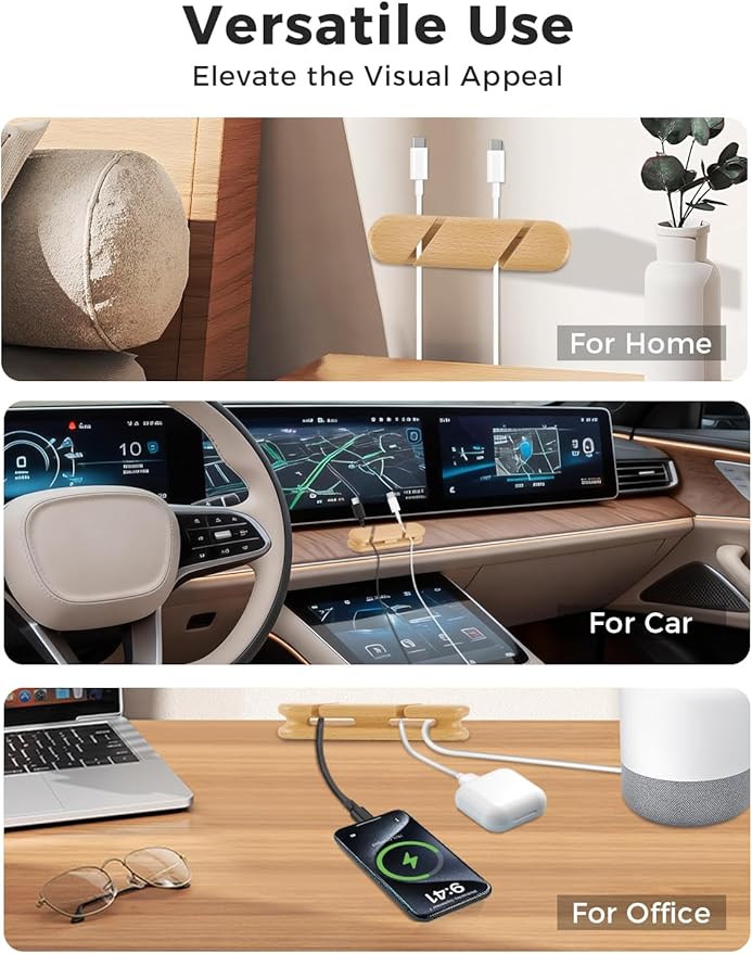 Natural Beech Wood Cable Holder & Cord Organizer, Adhesive Cable Clips for Desk, Under Desk, Wall, Bedside & Car, Wood Cable Management for Home Office, Phone Charging & USB Cables