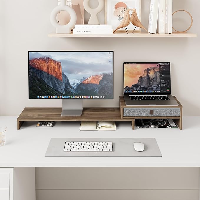 Fenge Computer Monitor Riser Stand with Drawer for 2 or 3 Monitors ,Adjustable Length and Angle Desktop Laptop Stand,Office Organizer,Printer