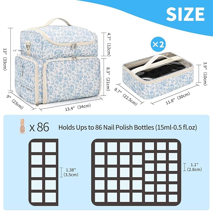 CUBETASTIC Extra Large Nail Polish Organizer Case Holds 86 to 100+ Bottles Nail Polish & Nail Lamp, Nail Supplies Storage Carrying Bag with 2 Removable Pouches (Blue Floral, 86 Slots)
