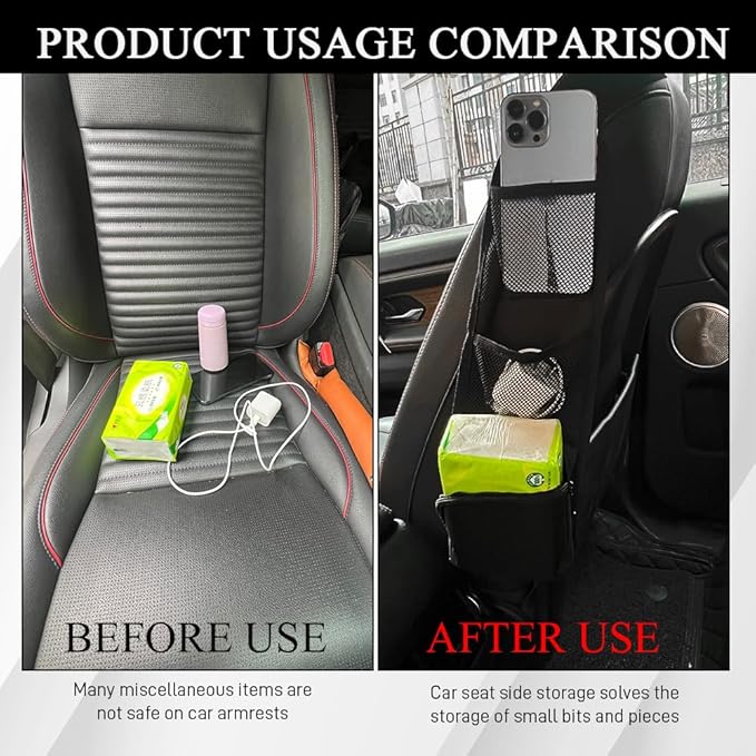 Car Seat Side Organizer, Seat Side Storage Pocket, Multifunctional Mesh Net Pocket, Car Multi-Pockets Backseat Organizer Side Hanging Bag for Storage Coins, Cell Phones, Glasses (Black, 1PCS)