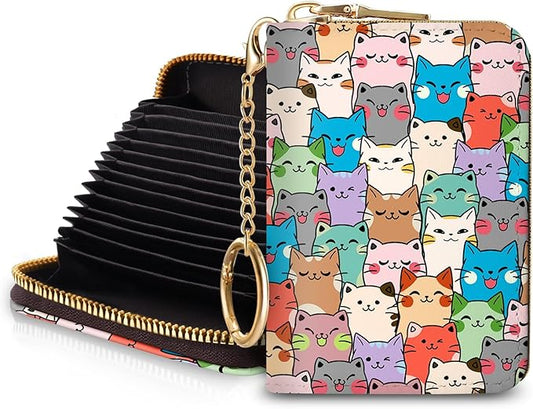 Blusabaca RFID Credit Card Holder Wallets for Women, Small Cat Card Case Wallet with Removable Keychain and Zipper, Leather Card Holder Pocket Business Card Accordion Wallet