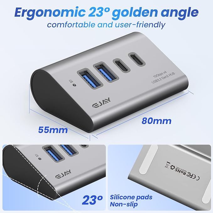 EJAY 10Gbps USB 3.2 Hub, 4-Port USB C/A Splitter for SSD,Laptop,PC,Mac | Aluminum,23° Ergonomic,Extra Power Supply Port,Stable Data Transmission,Dual Cable