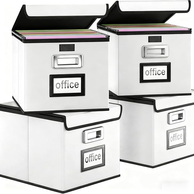 Portable Leather File Organizer Boxes with Lids, Office Document Boxes Organizer, Filing Boxes, Decorative Small File Boxes for Hanging Files, File Cabinet for Office/Home - 4 Pack