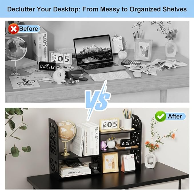 YGYQZ Desk Shelves Desktop Orgnizer Shelf-Black Office Organization for Top of Adjustable Desk Organizers and Corner Bookshelf Table Top Shelving Small Hutch Decorations for Women Office
