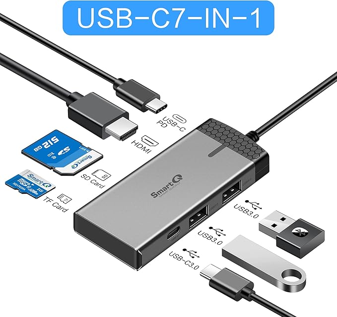 SmartQ H352 7-in-1 USB C Hub with 4K HDMI, 100W PD, USB-C Data Port, 2 USB-A 5Gbps, SD Card Reader & MicroSD Slot, Compatible with MacBook Air/Pro, XPS, Laptops, Tablets, Desktops