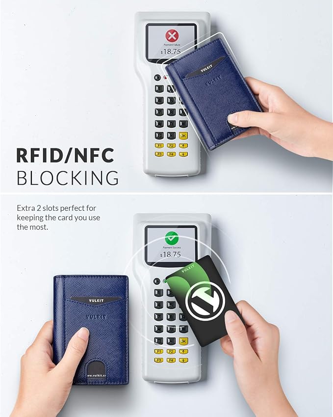 VULKIT Bifold Front Pocket Slim Wallet RFID Blocking Minimalist Thin Leather Credit Card Holder Wallet for Men and Women Cross Navy