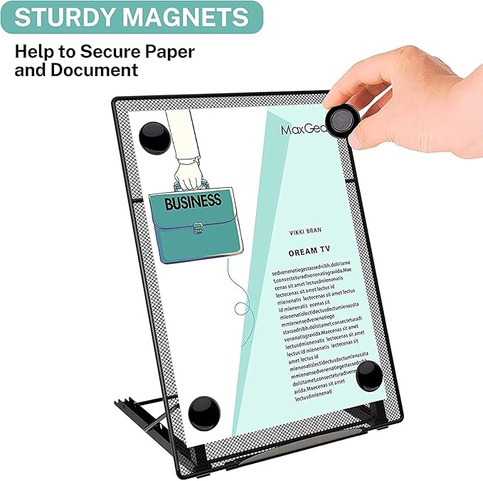 MaxGear Desktop Document Holder for Typing, Foldable Paper Holder Stand for Desk with 4 Magnetic Buckles, Metal Mesh Letter Copy Holder with Non-Slip Base, 6 Adjustable Viewing Angles, Black