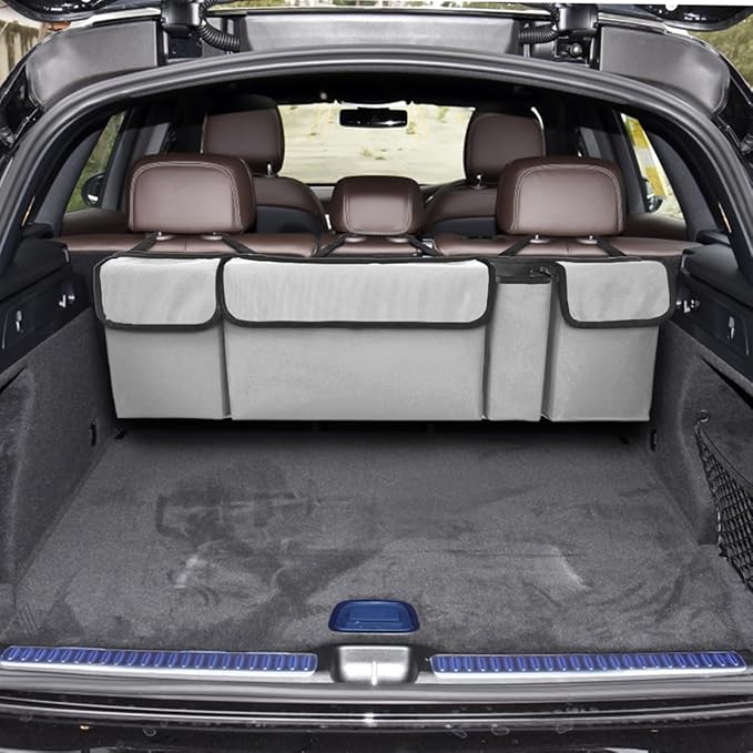 BELOMI Car Trunk Organizer, Auto Waterproof Sturdy Backseat Hanging Large Storage Collapsible Cargo Bag with Anti-Slip Adjustable Strip &4 Pockets, Vehicle Interior Accessories (White/Gray)