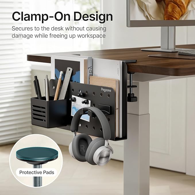 Under Desk Storage Organizer, Laptop Holder Stand with Pegboard Design, Holds 22lbs, Clamp on Desk Organizer, Fits 0.4"-2.2" Desktop Edge, Black