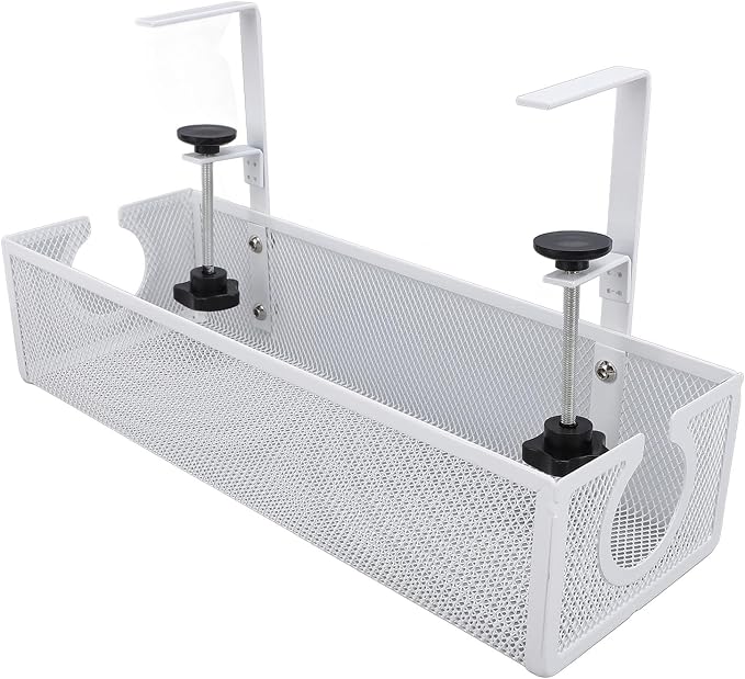 Under Desk Cable Management Tray, Carbon Steel Cord Organizer with Side Round Hole and Trapezoidal Design, Metal Desk Cable Management System for Office Study Workstation (White)