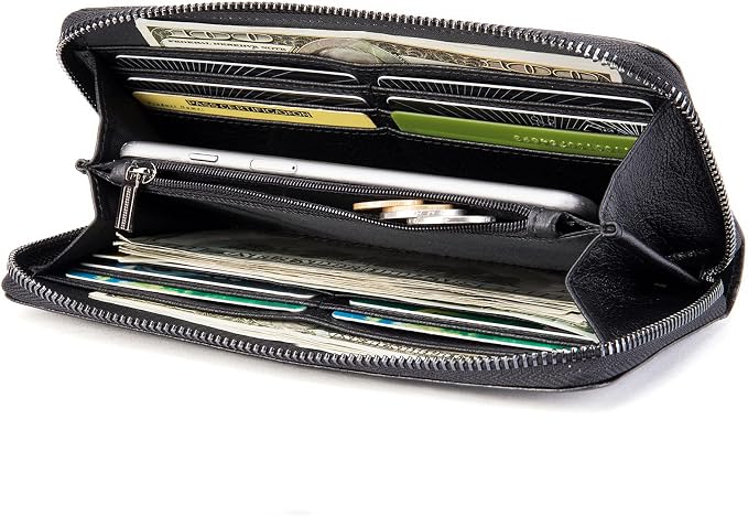 NIUCUNZH Genuine Leather Cool Long Wallets for Men Personalized Zip Around Wallet Checkbook Cash Credit Card Holder Wallet Black