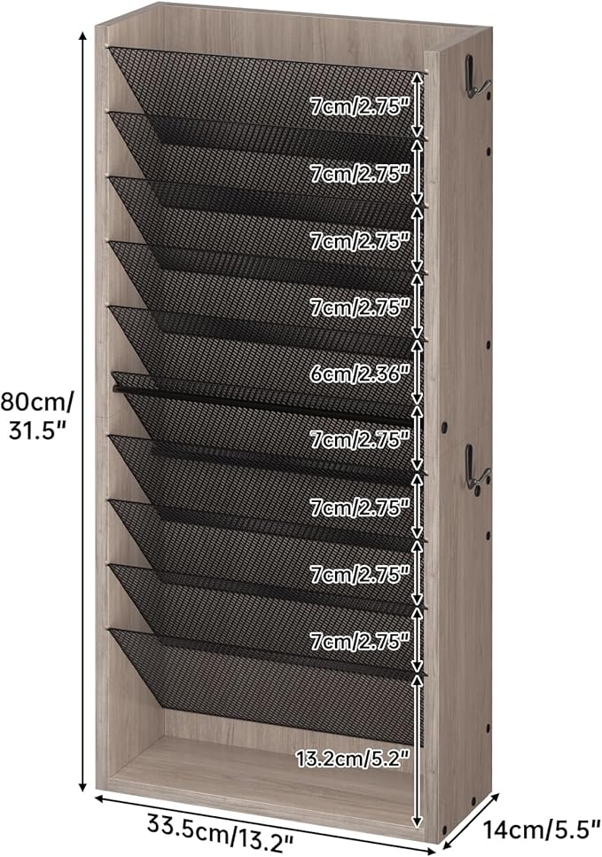 Hanging Wall File Organizer, 11 Tier Wood Wall File Holder with 4 Hooks, Mail Organizer Wall Mounted with Bottom Flat Tray, Vertical Paper Desk Storage for Office, Home, Greige