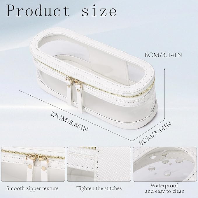 Pinkmik Makeup Brush Case Clear Travel Cosmetic & Toiletry Bag Slim Makeup Bag with Zipper Small Purse Organizer Car Essential Bag for Women (White, SLIM L)