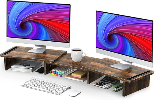 Dual Monitor Stand Riser with Storage, Adjustable Length & Angle Wooden Desk Shelf for 2 Monitors, Computer Stand for Home Office, PC, Laptop, Printer