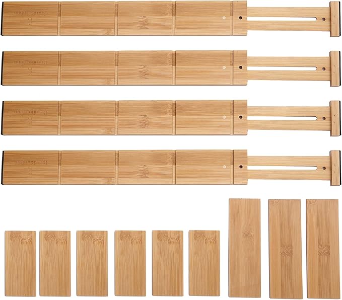 Adjustable 17-22in Bamboo Dividers Organizers with 9 Inserts, Expandable Spring Loaded Drawer Dividers for Kitchen, Dresser, Bedroom, Bathroom, Office, and Garage (4 Pack)