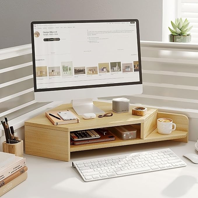 Kunovo Corner Monitor Stand with Double Storage Space, Ergonomic Triangle Desktop Corner Shelf, Save Space Desk Organizer Shelf for Office/Home (Color : Oak)
