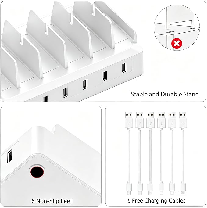 Charging Station for Multiple Devices, 6 Port USB Desktop Charger Dock Compatible with iPad, Samsung, Android, Tablet, Family Multi Phone Charging Organizer with Divider Holders, Fireproof ABS (White)