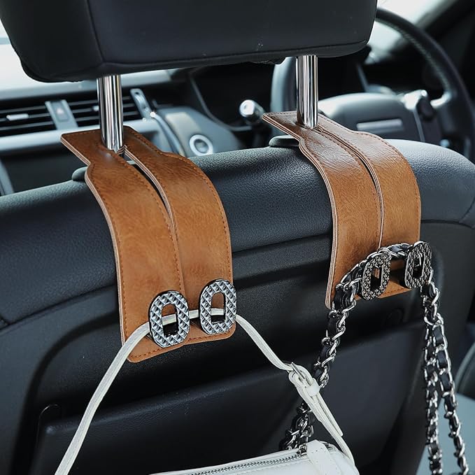 Car Headrest Hooks Universal Car Purse Hook Premium Leather and Alloy Twin Hook Car Seat Back Storage Hanger Hook for Purse Bags Cloth Drink Durable Holder Car Accessories (BH09-Brown-Black-4 Pcs)