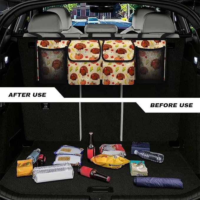 Thanksgiving Turkey Pumpkins Trunk Organizer, Collapsible Multi Pocket Car Organizer, Foldable SUV Storage Bag Car Accessories for Women Men, 3 Adjustable Straps